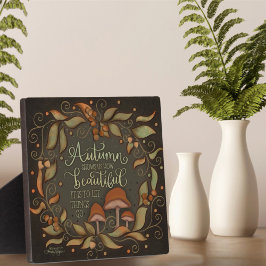 Placa Citação Inspiradora de Outono Cogumelo Folhas