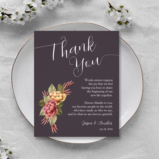 Placa de Agradecimento de Casamento Floral Elegant (Terracotta Floral Wedding Reception Plate Thank You Cards)