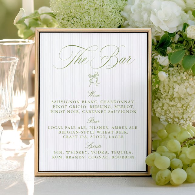 Placa de Bar de Casamento Elegante Sage e Listras  (Elegant Sage & Soft Blue Stripes Wedding Bar Sign)
