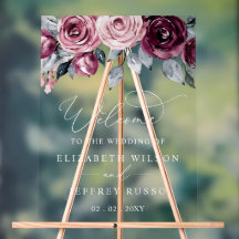Placa de Boas-Vindas de Casamento Floral Borgonha 