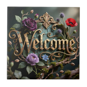 Placa de Boas-Vindas em Dourado Floral Antigo