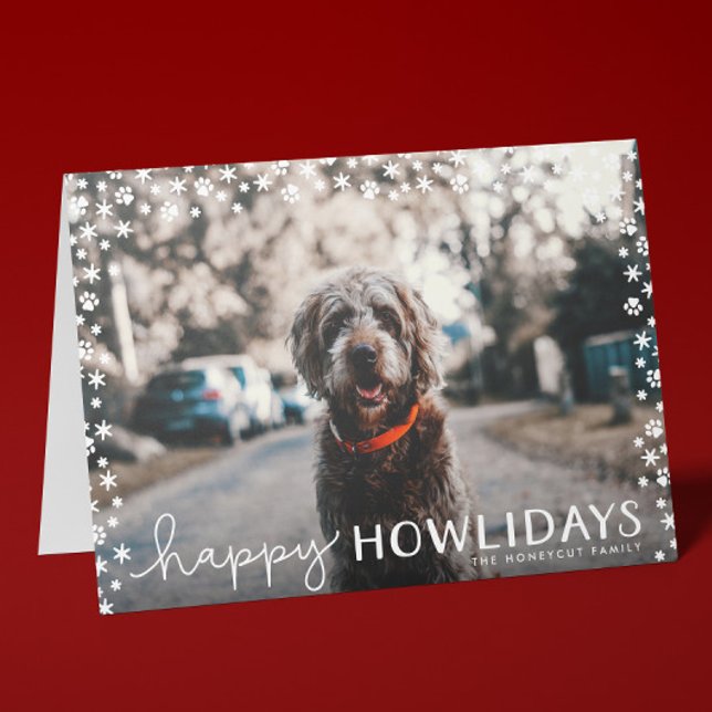 Placa de Cartões de natal Pet Lover Feliz Howliday (folded Christmas photo card for dog lovers with photo and printed custom message inside)