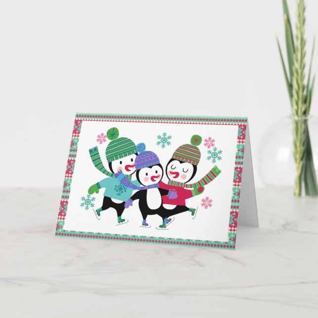 Placa de Cartões de natal Pinguins de Patinação (Frente)