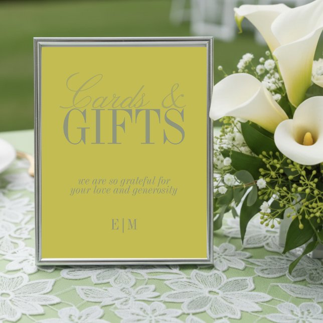 Placa de Casamento de Cartões e Presentes Modernos (Modern Chartreuse Cards and Gifts Wedding Sign)