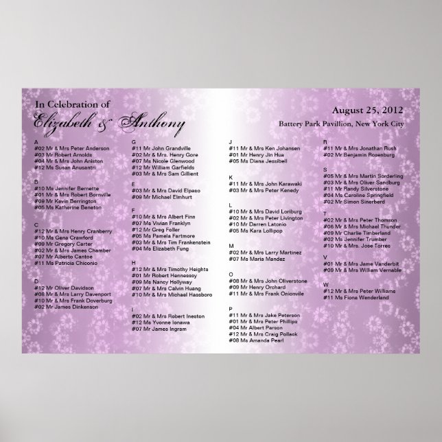 Placa de Casamento Poster Purple Floral (Frente)