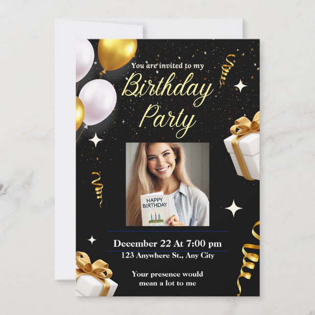 Placa de Convite de aniversário Dourada Elegante (Frente)