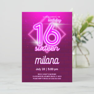 Placa de Convite de aniversário Neon 16th rosa