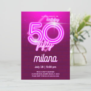 Placa de Convite de aniversário Neon 50th rosa