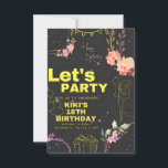 Placa de Convite de aniversário Trendy 18th<br><div class="desc">Prepare-se para festejar com este na moda e a divertida placa de convite de aniversário 18! Projetado com um fundo negro ousado, texto amarelo neon e delicados sotaques florais cor-de-rosa, este convite equilibra perfeitamente as vibrações verdes e femininas. Apresentando rabiscos brincalhões como balões, presentes, estrelas e uma mensagem de "Parabéns",...</div>
