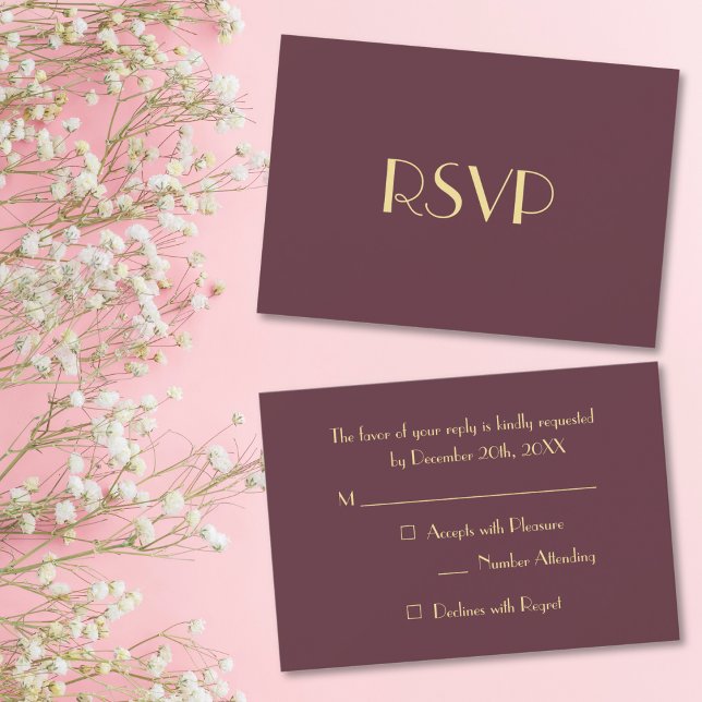 Placa de Convite RSVP Dourada para Burgundy Elegan (Modern Elegant Burgundy Gold RSVP Invitation Card)