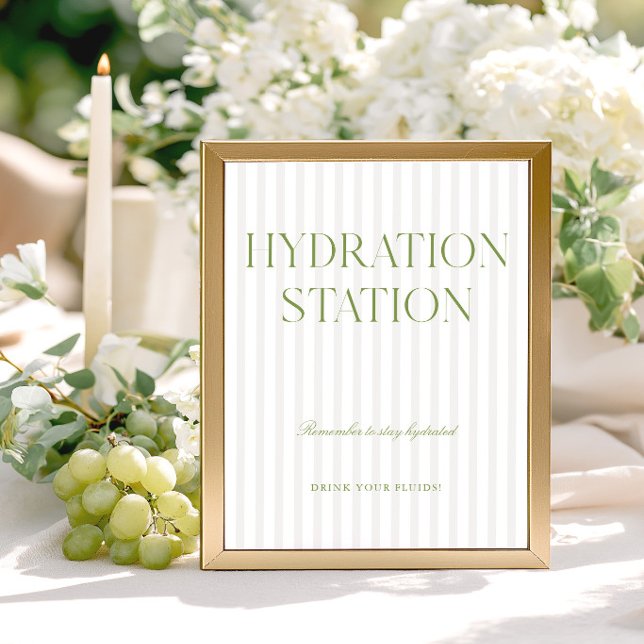 Placa de Estação de Hidratação em Listras Verde Sa (Sage Green & Beige Stripe Hydration Station Sign)