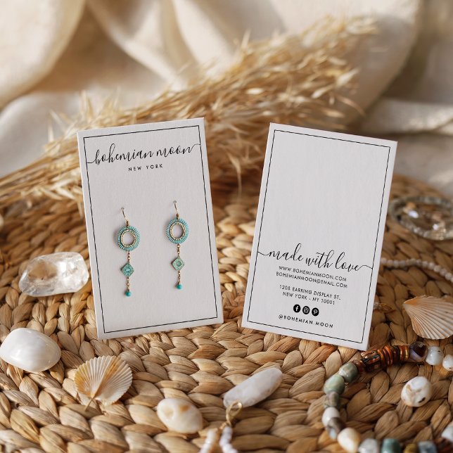 Placa de exibição de toque de script preto e branc (Modern Black and white script earring display card)