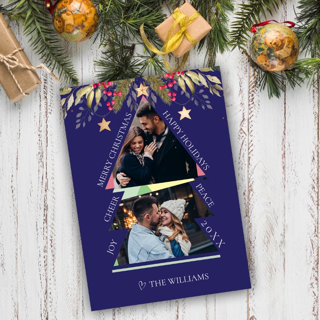 Placa de Férias de Árvore de Fotografias Múltiplas (Merry Christmas Multiple Photo Tree Holiday Card)