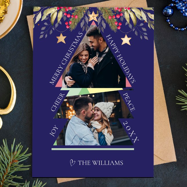 Placa de Férias de Árvore de Fotografias Múltiplas (Merry Christmas Multiple Photo Tree Holiday Card)