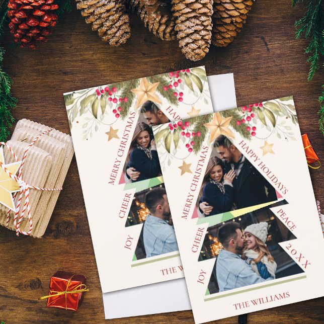 Placa de Férias de Árvore de Fotografias Múltiplas (Merry Christmas Multiple Photo Tree Holiday Card)