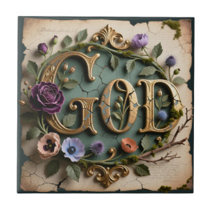 Placa de Grafia GOD Dourada Floral Antiga