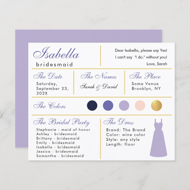 Placa de Informação Bridesmaid Lavanda Roxo Dourad (Frente/Verso)