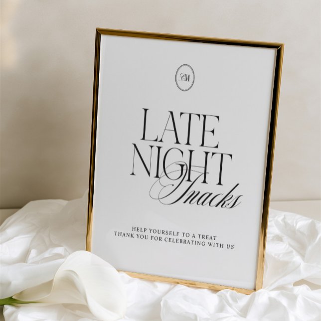 Placa de Lanches Noturnos em Preto e Branco Elegan (Elegant Black & White Late Night Snacks Sign)