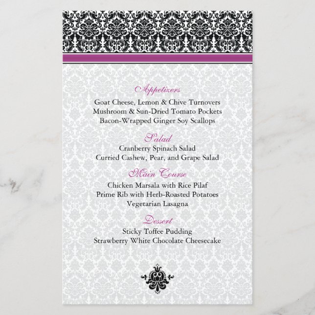 Placa de menu Berry Purple, Black, White Damask (Frente)