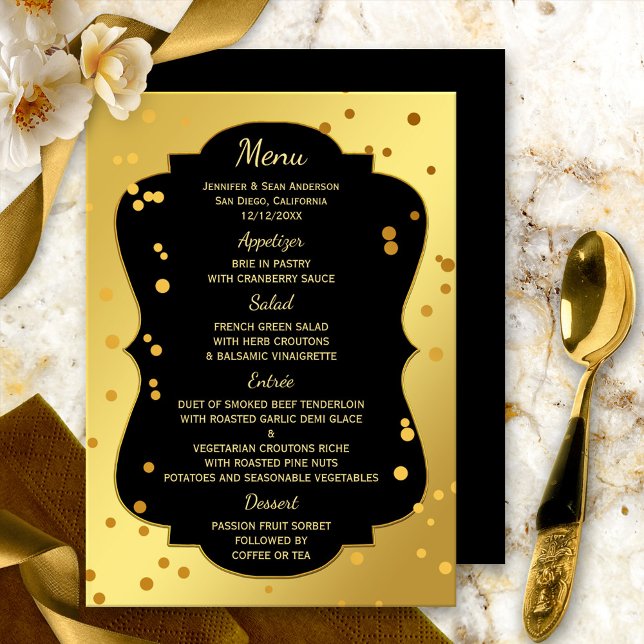 Placa de Menu Confetti Dourada e Preta (A festive and elegant menu card featuring gold confetti on a gold and black background)