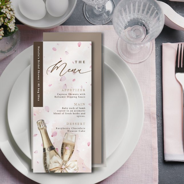 Placa de menu cor-de-rosa elegante para Petals bub (Elegant Bubbly Petals Coquette Pink Menu Card)