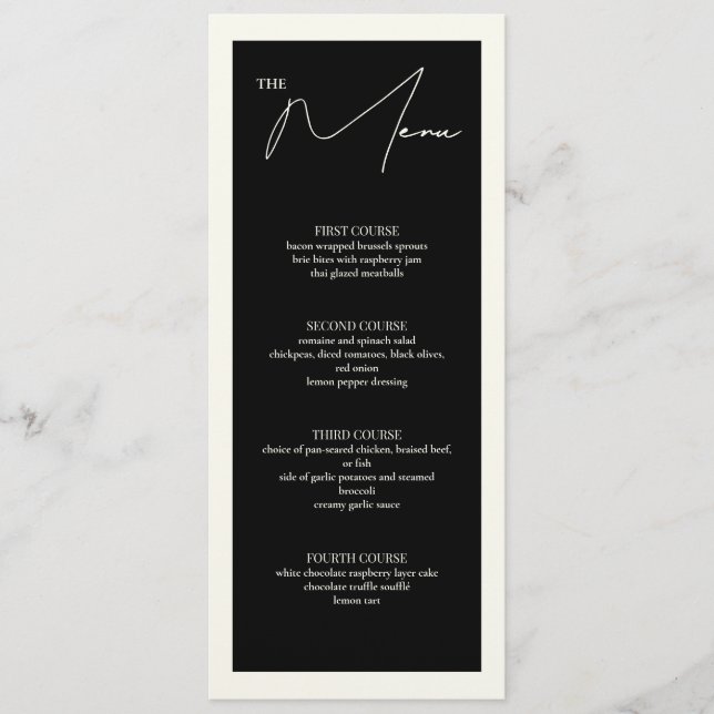 Placa de menu de Mesa 4x9.25 preta e branca (Frente)