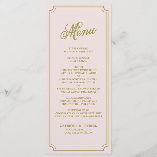 Placa de Menu de Script Whimsical Blush & Dourado (Frente)