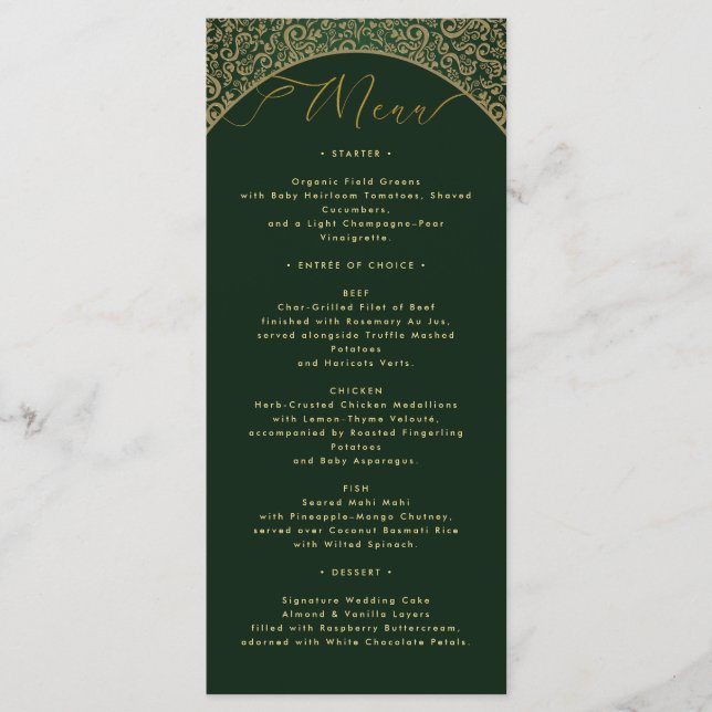 Placa de menu do Casamento tema damasco verde (Frente)