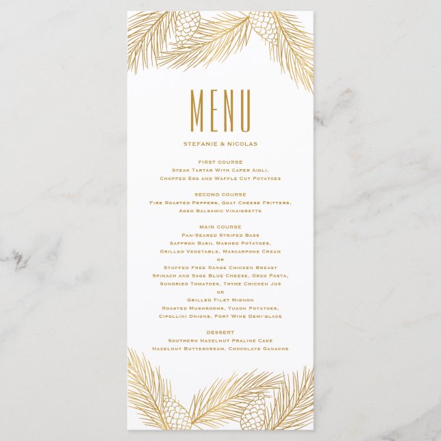 Placa de menu do pinheiro dourado Faux Cones & Pin (Frente)