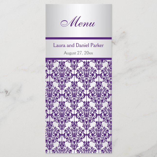 Placa de menu do Silver and Purple Damask (Frente)