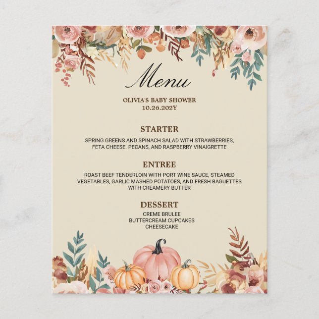 Placa de Menu Floral Elegante para Eventos (Frente)