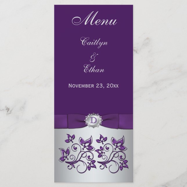Placa de Menu Floral Monograma Roxo, Cinza Pratead (Frente)