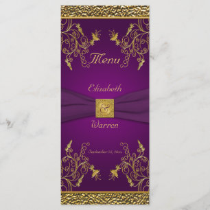Placa de menu floral real roxa e Dourada
