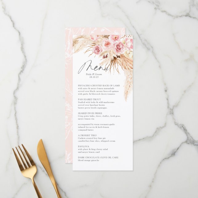 Placa de Menu Pampas Gras Mdern Boho BLush PInk (Frente/Verso In Situ)