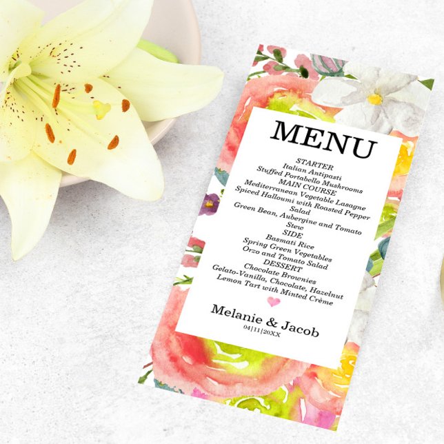 Placa de menu plana floral Primavera de aquarela (Criador carregado)