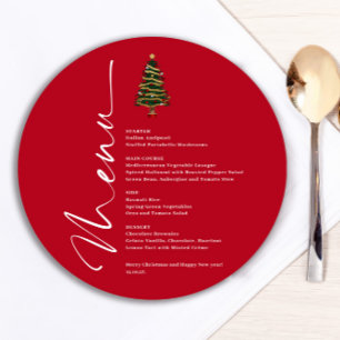 Placa de Menu Redonda Vermelha da Árvore Natal
