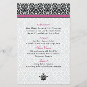 Placa de menu rosa, preto e branco