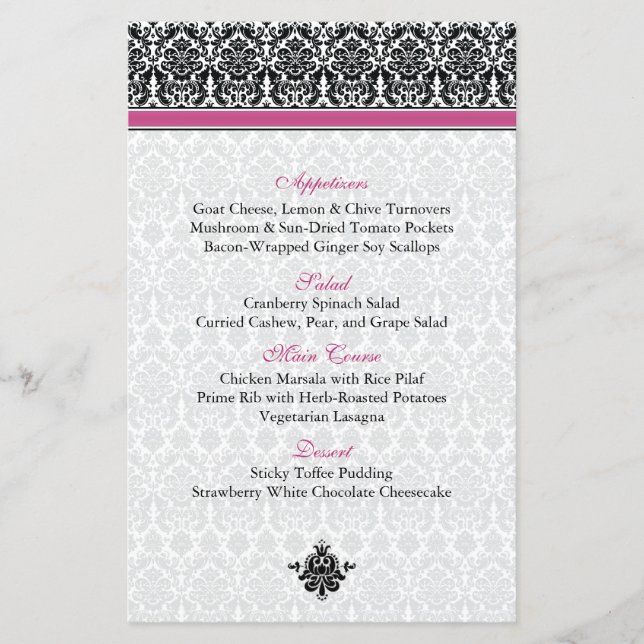 Placa de menu rosa, preto e branco (Frente)