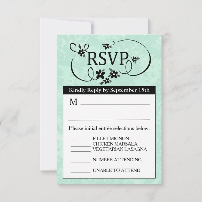 Placa de menu RSVP 3,5x5 - Branco verde-mint e pre (Frente)