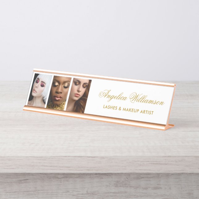 Placa De Mesa 3 Fotografias Maquiagem Lashes Hair Salon Name Pla (Frente)