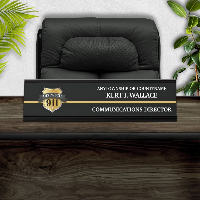 Placa De Mesa 911 Dispatcher Thin Dourado Line Shield Name Plate (Criador carregado)