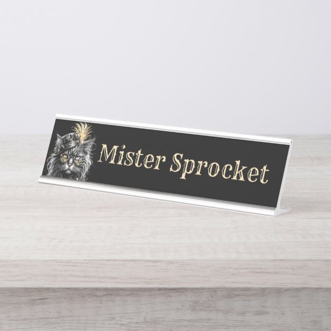 Placa De Mesa Adicionar nome como Senhor Sprocket Steampunk Cat (Frente)