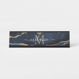 Placa De Mesa Agate Marinho Blue Gemstone Marble Monograma Nome