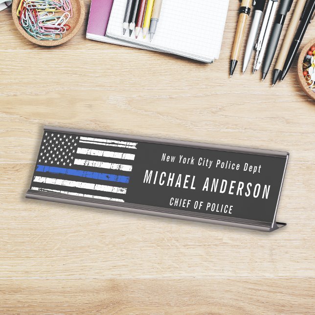 Placa De Mesa Agente Policial Thin Blue Line - Bandeira American (Criador carregado)
