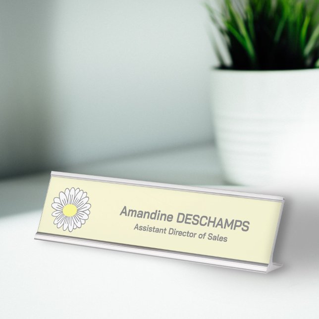 Placa De Mesa Amarelo da Flor Margarida Botânica (Botanical Daisy Flower Yellow Desk Name Plate)