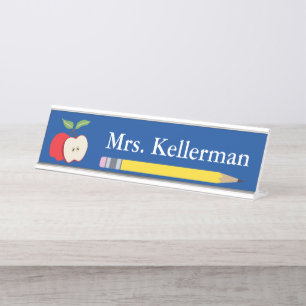 Placa De Mesa Apple and Pencil Teacher's Name Blue
