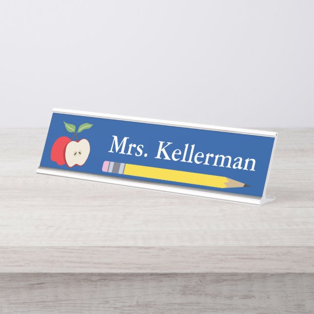 Placa De Mesa Apple and Pencil Teacher's Name Blue (Frente)
