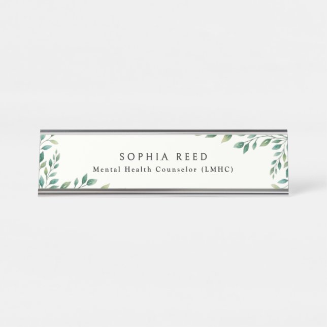 Placa De Mesa Aquarela Botânica Personalizada Folhagem Verde (Frente)