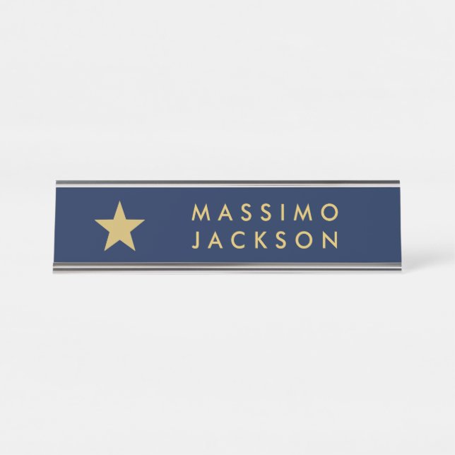 Placa De Mesa Azul Dourado Cores Profissional Tendência Estrela  (Frente)
