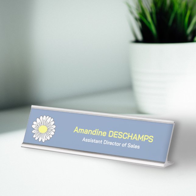 Placa De Mesa Azul-flor-margarida botânica (Botanical Daisy Flower Blue Desk Name Plate)